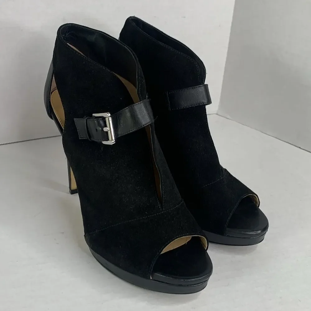 Michael Kors Isabella black suede leather peep toe heeled ankle booties NWOT - Picture 2 of 11